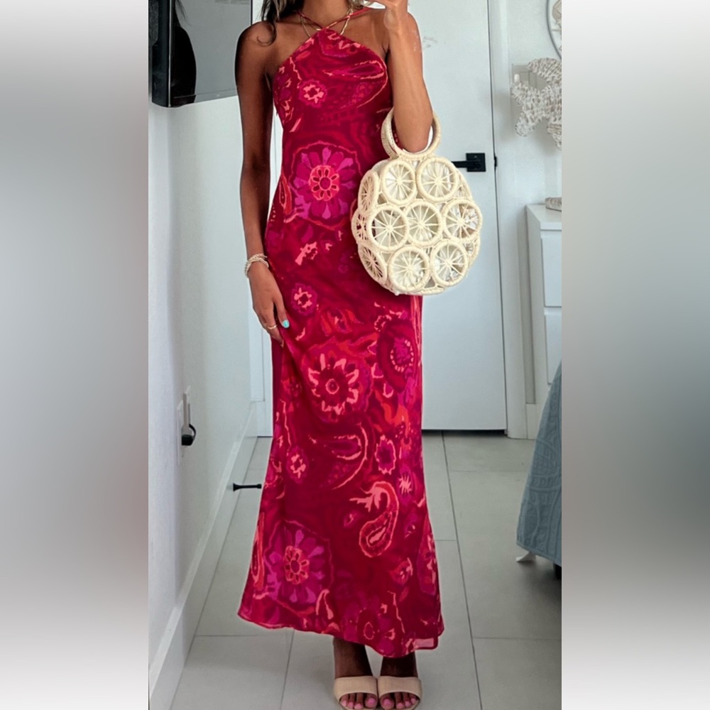 VICI Pink Paisley Halter Midi Dress Side Slit Summer Vacation Dress Large NWT